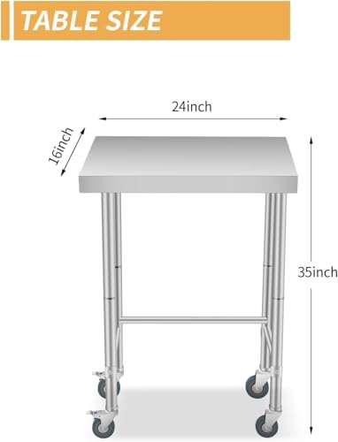 16"x24" Stainless Steel Work Table 300LBS Heavy Duty NSF Commercial Prep Table with Adjustable Feet & Locking Casters Open Base Single Tier Metal Utility Table for Kitchen Restaurant Garage Workshop