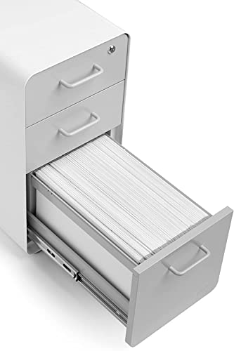 Poppin Slim Stow 3-Drawer File Cabinet - White + Light Gray. 2 Utility Drawers and 1 Vertical Hanging File Drawer. Fully Painted Inside and Out. Powder-Coated Steel. Two Keys Included