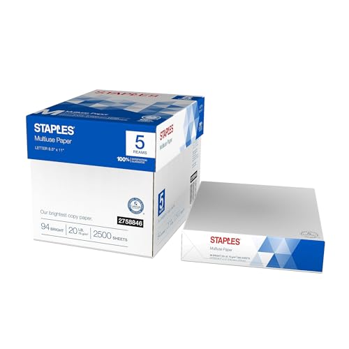 Staples Multiuse Copy Paper, 8.5x11 Inch, 20 lb., 94 Brightness, 5 Reams