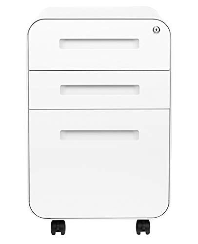Laura Davidson Furniture Stockpile 3 Drawer File Cabinet with Lock - Under Office Desk Metal Filing Cabinet, Legal/Letter File Folders, Wheels and Stationary Feet, Pre-Assembled, White