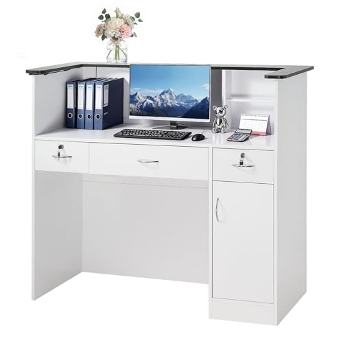 VEVOR Reception Desk, 50 inch Rectangular Front Counter Table, Modern Office Reception Desk with Light Strip, 3 Drawers & Storage Cabinets, Retail Counter Table for Checkout, Lobby, Salon, Office
