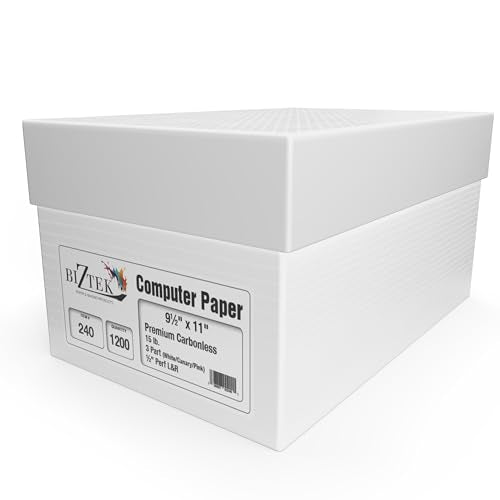BIZTEK Continuous Carbonless Computer Paper 9.5 x 11, Blank Left and Right Perforated, 15 lb, 3-Part White/Canary/Pink (1,200 Sheets) - Made In The USA 91193