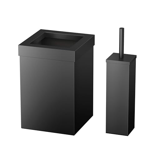 Gatco Small Bathroom Trash Can with Lid and Toilet Brush Set, Square 3 Gallon Stainless Steel Wastebasket, Under Sink, Matte Black, for Bathroom, Bedroom, Office (2972)