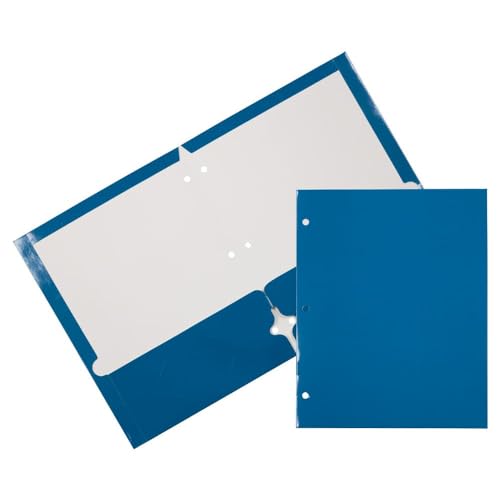 JAM PAPER Laminated Two Pocket Glossy 3 Hole Punch School Folders - Letter Size - High Gloss Blue - Bulk 100/Box
