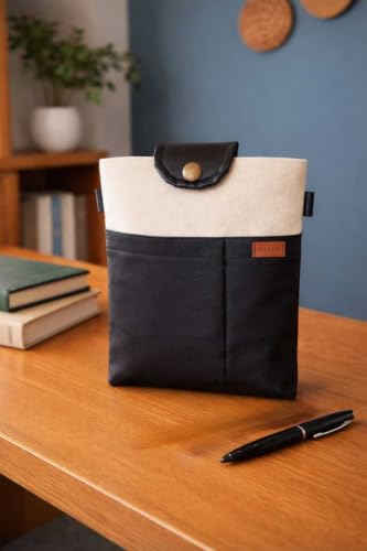 Book Cover Case for Planners and Notebooks Multifunctional Pocket Bag Black Faux Leather and Woven Fabric Design Handmade