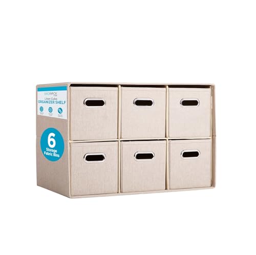 BIRDROCK HOME Linen Cube Organizer Shelf w/ 6 Storage Fabric Bins - Foldable & Durable - Toys, Clothes, Towels - Collapsible Cubby for Kids Room, Dorm, Closet, Bedroom - Large Shelving Cubbies - Cream