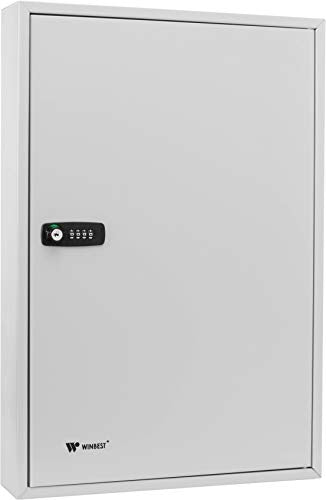 winbest 100 Position Key Lock Box – Wall Mount Steel Key Cabinet with Adjustable Numbered Hooks, Index Log, Colored Key Tags for Home or Office
