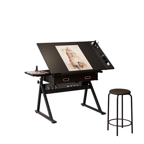 WZONICE98 Adjustable Drawing Drafting Table with 2 Drawers and Stool 330 lbs Capacity 0-75° Tilt Art Desk with Storage 26.77-35.82" Height Adjustable Craft Table for Home Office Bedroom Black