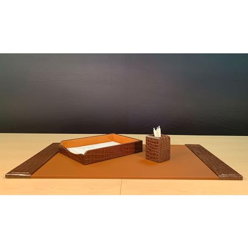Dacasso Brown Crocodile Embossed, 3 Piece Luxury Desk Accessory Set - Executive Desk Decor - 34" x 20" Leather Blotter Pad & Desk Organization Essentials