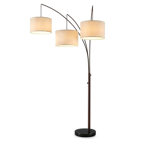 Brightech Trilage Arc Floor Lamp - Large Standing Lamp with 3 Fabric Shades & LED Bulbs for Living Room Over the Sofa, Reading, Multi-Head Traditional Tree Floor Lamp for Bedroom - Oil Rubbed Bronze