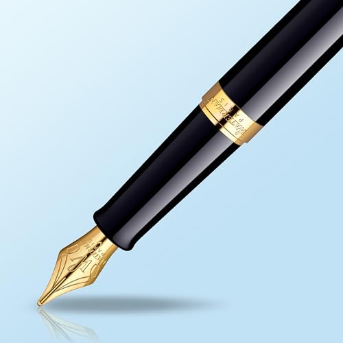 Waterman Hémisphère Fountain Pen Black with Gold Trim Medium Nib Blue Ink Gift Box