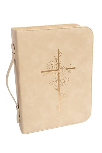 Bible Cover Case for Women – PU Leather Large Bible Case with Minimalist Debossed Design – Christian Bible Accessories for Girls & Women (Beige/Gold)