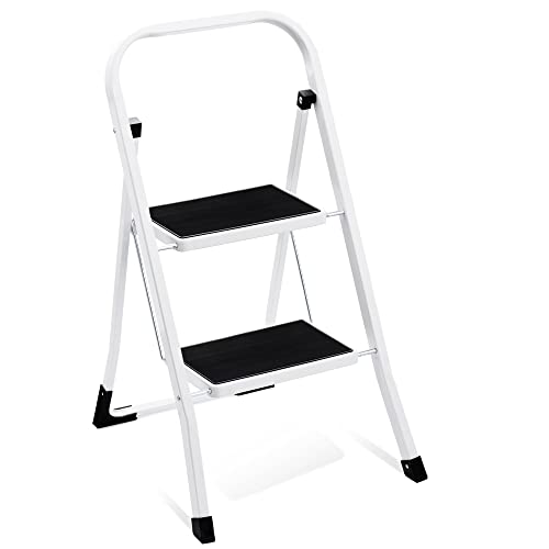 2 Step Ladder Step Stool, Sturdy Step Stools for Adults with Wide Anti-Slip Pedal, Portable Folding Step Stool with Handle, Lightweight Steel Step Ladder, 330lbs Capacity Kitchen Step Stool, White