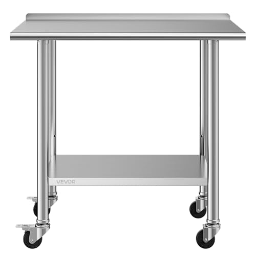 VEVOR Stainless Steel Work Table, 24x36 inch Food Prep Table with Wheels and Backsplash, Commercial Kitchen Workstation with Adjustable Undershelf, Metal Utility Worktable, for Restaurant Home Outdoor