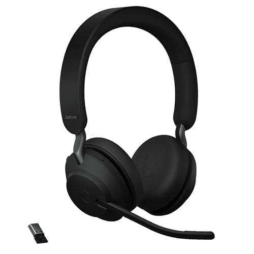 Jabra Evolve2 65 UC Wireless Headphones with Link380a, Stereo, Black – Wireless Bluetooth Headset for Calls and Music, 37 Hours of Battery Life, Passive Noise Cancelling Headphones