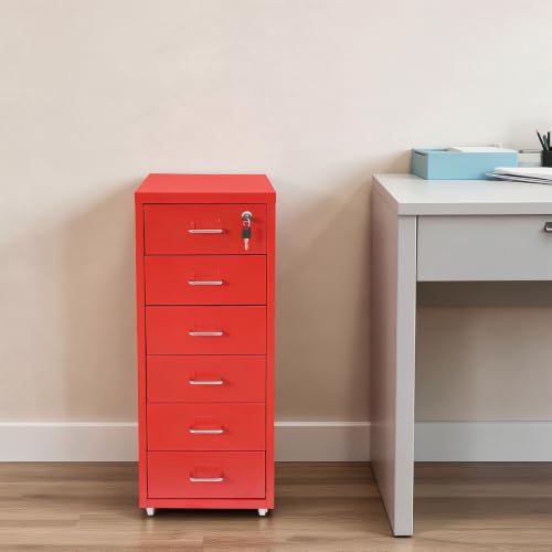 6‑Drawer Lockable Vertical Metal File Cabinet Wheeled Organizer, Red