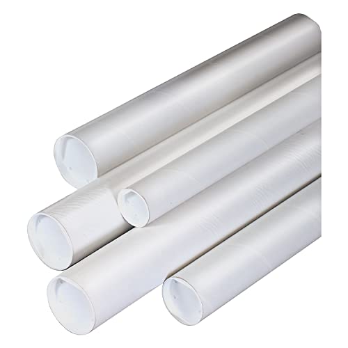 BOX USA White Mailing Tubes with Caps, 2 1/2" x 24", Pack of 34, for Shipping, Storing, Mailing, and Protecting Documents, Blueprints and Posters