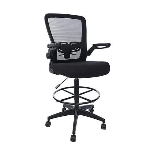 Benzara DEA Drafting Stool Chair, Flip-Up Arms, Black Mesh, Chrome Footring