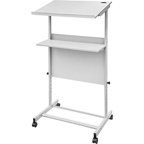 VEVOR Portable Floor Lectern, Height Adjustable, Wheeled Lectern with Dual-Layer Storage Shelf, Teacher Speaker Standing Desk, Podium Stand Classroom Presentation Stand for Speech, Church