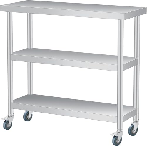 PrecisionAuto Stainless Steel Work Table, 18x36x34 Inch, 3-Layer Commercial Utility Table with Lockable Wheels, Heavy Duty Metal Prep Station for Kitchens, Restaurant, Home, Hotel