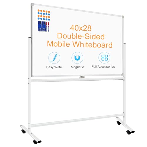 BSTPCOO Mobile White Board with Stands 40"x28", Double-Sided Rolling Whiteboard on Wheels Magnetic Dry Erase Board with Stand Portable Standing White Board for Classroom, Office, Home