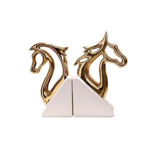 Book Organizer Ceramic Horse Head Bookends, Home Office Decor, for Desktop Bookshelves,Book Ends for Shelves(Gold)