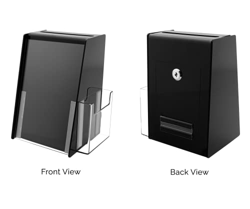 Marketing Holders 5 Pack Locking Ballot Box Black Acrylic 5.75” x 5.5" x 8.75" with 5.5" x 8.5" Slide in Header Sign Holder and Pocket on the Side Countertop Suggestion Bin