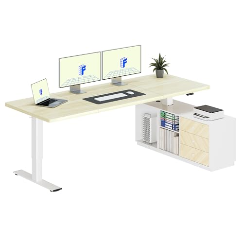 FLEXISPOT L Shaped 79" Standing Desk with Storage Cabinet, White Wood Grain