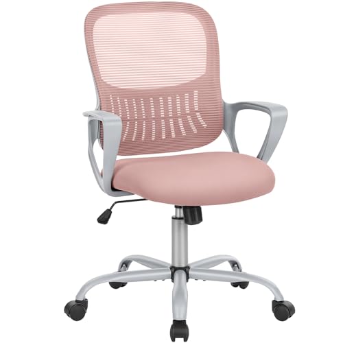 KMFurnila Mesh Office Chairs Managerial Executive Chair, Ergonomic Mid-Back Swivel Computer Desk Chair with Wheels, Comfortable Lumbar Support Comfy Arms for Home Bedroom Study Student, Pink