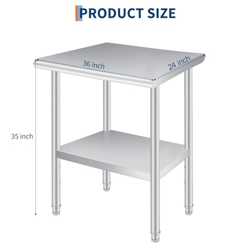 Garvee ﻿ Stainless Steel Prep Table, 24 x 36 Inches, with Rounded-Corner, Adjustable Undershelf, Commercial Heavy Duty Table with Adjustable Under Shelf for Outdoor, Restaurant