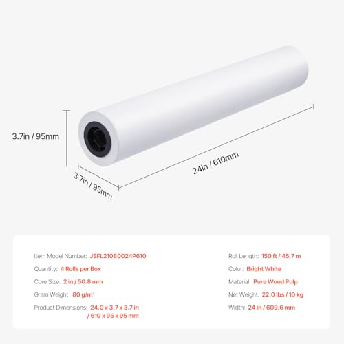 VEVOR Wide Format Paper, 24 in x 150 ft Plotter Paper, 4 Rolls CAD Bond Rolls with 2 in Core, 20 LB Bond Paper Rolls, Idea for CAD Drawings, Engineering Plans, GIS Maps & Architectural Designs