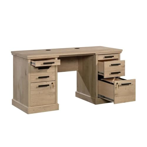 Pemberly Row 60" Engineered Wood Knee Space Credenza Desk, Prime Oak Finish, Sturdy Office Storage Desk with Melamine Top, Locking Drawers, Cord Management System, Finished for Versatile Placement