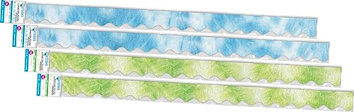 Barker Creek Double-Sided Scalloped Border, 4/Set, Blue&Lime Tie-Dye, Decorate Galore with 156' of Scalloped Border, Coordinating Designs Printed On Both Sides for Twice The Value, 2.25" x 156' (4357)