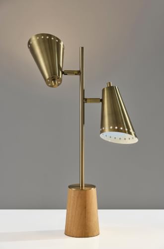 Adesso Antique Brass Table Lamp with Metal Cone Shades and Wood Base