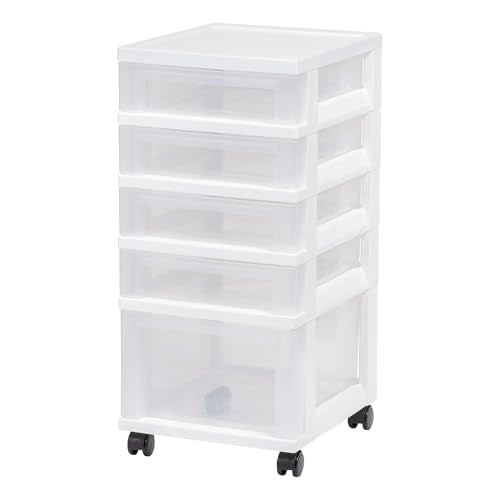 IRIS USA 5-Drawer Rolling Storage Cart with Organizer Top, White/Clear