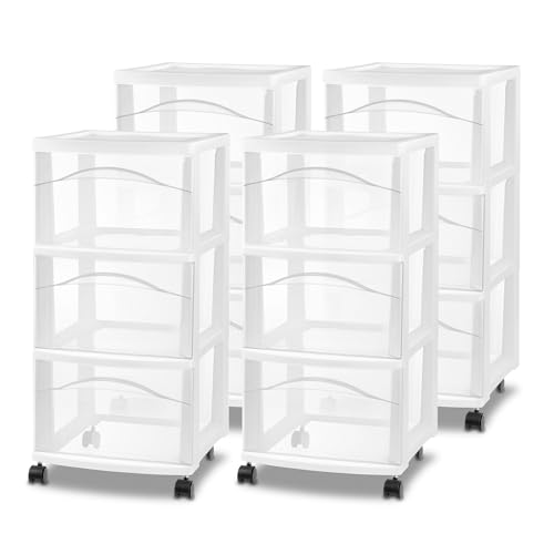 Sterilite 3-Drawer Cart with Wheels for Bedroom and Dresser, 4-Pack