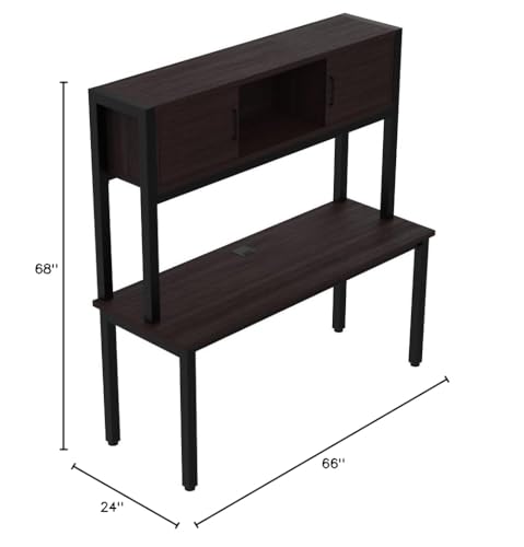 NBF Credenza Desk with Hutch - Office Storage Desk with Concealed Cabinet Shelving, Steel Cable Grommet, Laminate Top - Cortez Executive Credenza for Home, Office, 60" W x 24" D, Brown