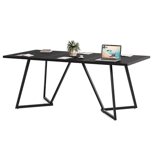 LITTLE TREE 70.86-Inch Conference Table for 8, Black Conference Room Table with Metal Base, Modern 5.9 ft Rectangular Table for Boardroom, Meeting, Conference Room