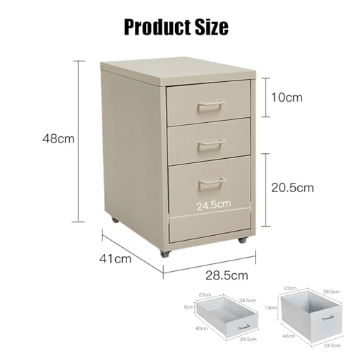 DEHEMUKA 3 Drawer Iron File Cabinet, Rolling Under Desk Cabinet, Mobile Under Desk File Cabinets for Home Office(Yellow)