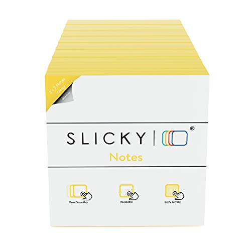 SlickyNotes Glue Free Static Cling Sticky Notes - Reusable Double-Sided Notes | Stick to Any Surface | Dry Erasable | Slideable | Recyclable Note Pads (Note 3x3 Pastel Yellow, 24 Pads)