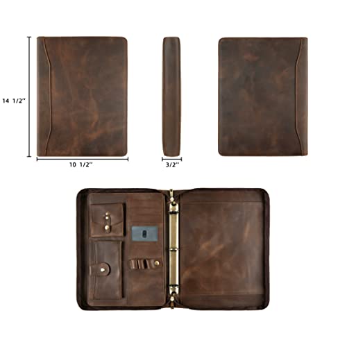 DUKE&COW Leather Portfolio with 3 Ring Binder, Personalized Binder Padfolio Executive Folio Zippered, Engraved Folder Organizer, Custom Gift for Men Women （Dark Khaki, Custom）