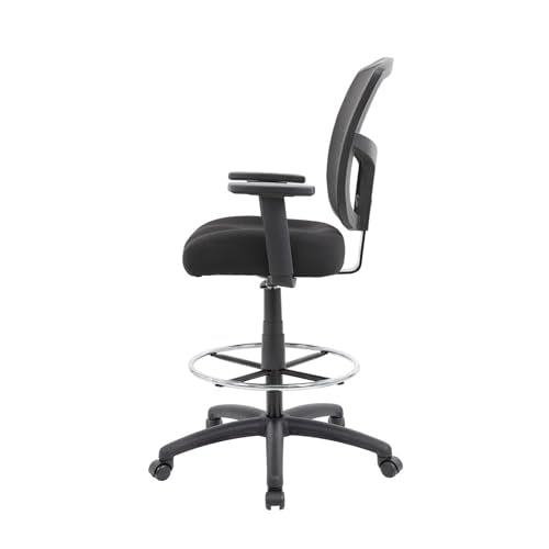Benzara MEA Drafting Stool Chair, Adjustable Arms, Black Mesh, Chrome Footring