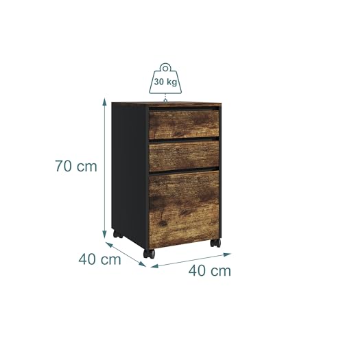 Relaxdays Rolling Filing Cabinet with 3 Drawers for A4 Files, 70x40x40cm, Castors, Black/Brown