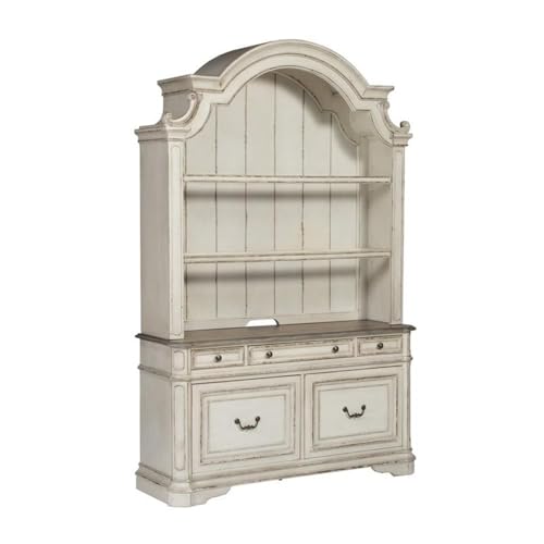 Pemberly Row French Dovetail Drawer Credenza Desk, White and Brown Finish, Poplar and Rubberwood Construction, Antique Pewter Hardware, Spacious Storage, Indoor Office Furniture for Organized