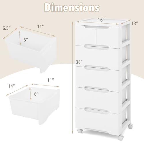 LDAILY Rolling Storage Cart with Drawers, 6 Drawers Storage Cart on Wheels Set of 2, Drawer Cart with 2 Lockable Wheels & Smooth Drawers, Plastic Rolling Cart White (16’’L x 13"W x 38’’H, 6 Drawer)