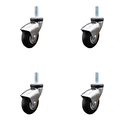 3 Inch Swivel Caster Wheels for Furniture-Bright Chrome Hooded Neoprene Rubber Wheel with 5/16 Inch - 18 TPI x 1-1/2 Inch Threaded Stem and Brake-440 lbs. Total Capacity-Set of 4- Service Caster Brand