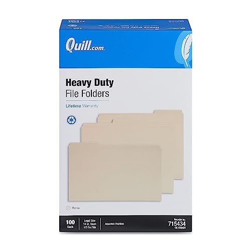 Quill Brand Heavy-Duty File Folder, Legal, Manila, Paper Stock, 1/3-Cut, 10% Recycled Content, Assorted Tab Position, 100/Box