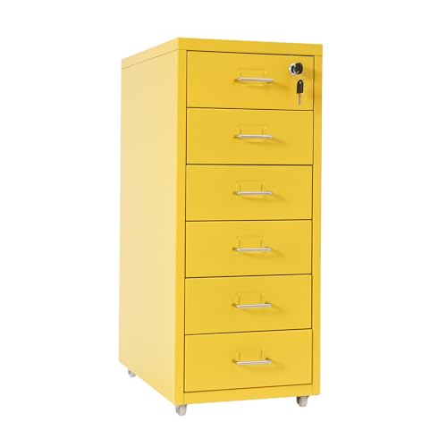 KONGKUNI 6 Drawer Metal File Cabinet for Home Office, Vertical File Cabinet with Lock, Locking Filing Cabinet Rolling File Cart for A4/ Legal/Letter, Require Assembly, Yellow