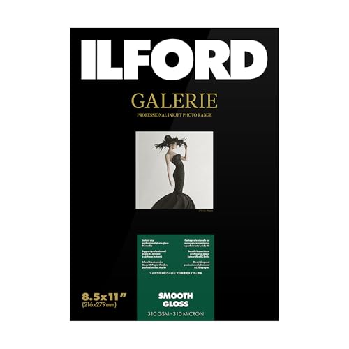 Ilford Galerie 8.5x11” (100 Sheets) Smooth Gloss Instant Dry Archival Photo Inkjet Paper 12mil / 310gsm for Dye and Pigment Ink Printers, Color and Black and White, Made in Germany