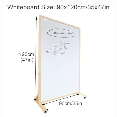 Double Sided White Board Magnetic, Rolling Whiteboard on Wheels, Dry Erase Board with Stand, Standing Whiteboard(Brown,90x120cm/35x47in)